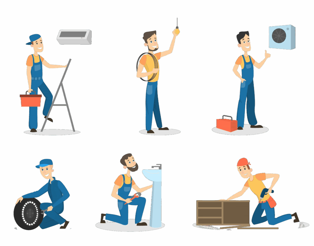 Home men workers set uniform doing job as plumber engineer more