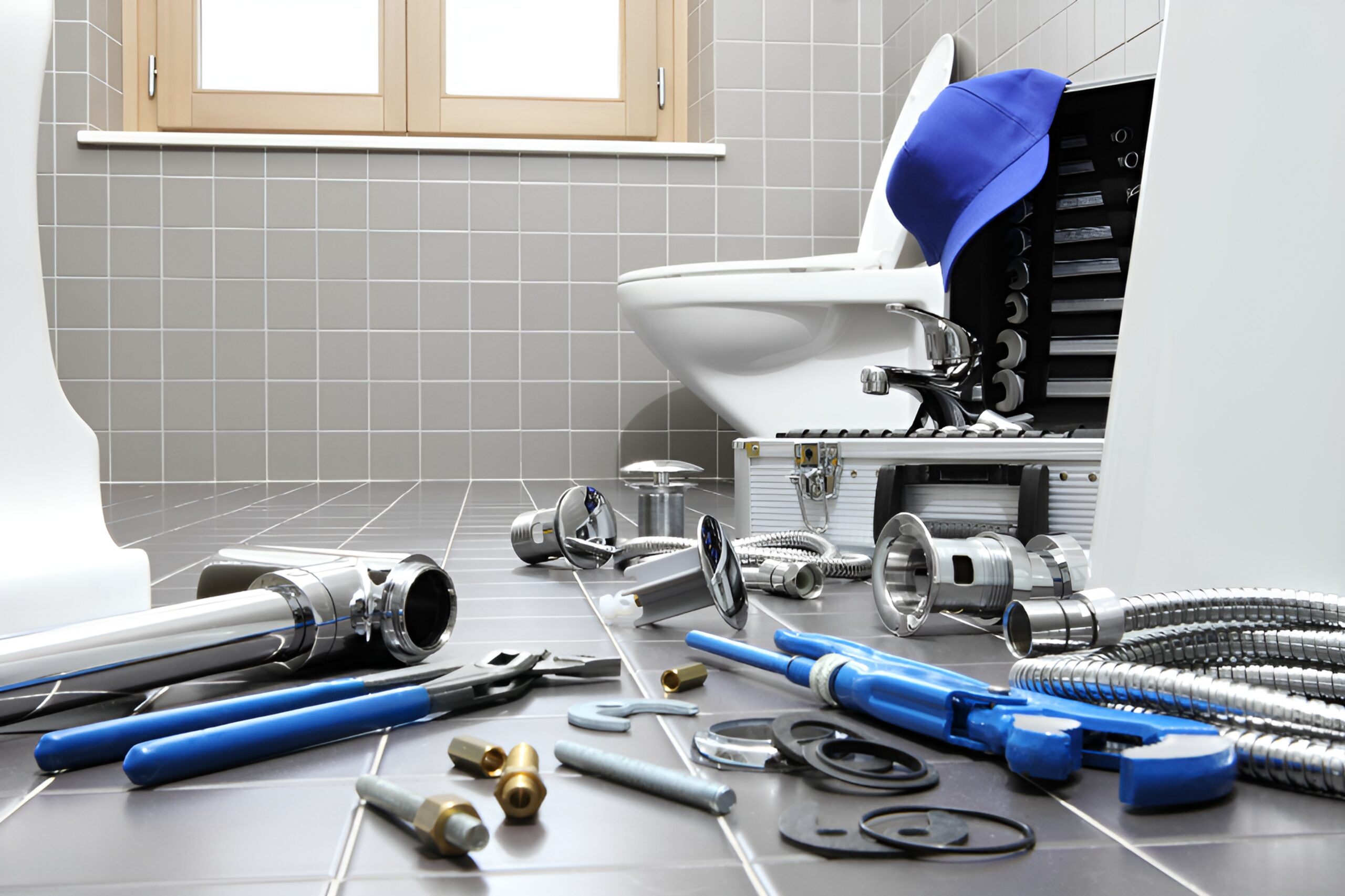 Home plumber tools equipment bathroom plumbing repair service assemble install concept